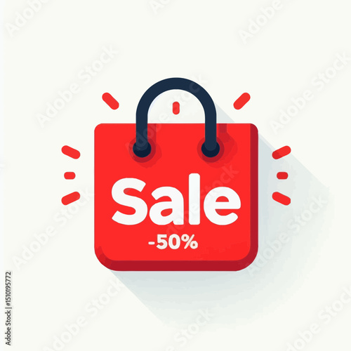 A red shopping bag icon with "Sale" and "-50%" text. Suitable for e-commerce sites and promotional material.