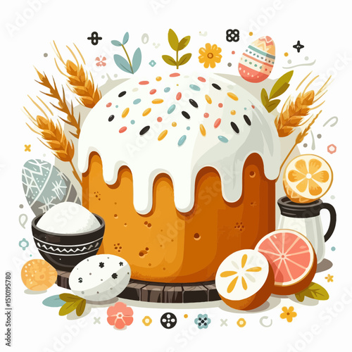 A decorated Easter cake (kulich) with white icing and colorful sprinkles, surrounded by painted eggs, wheat, and citrus fruits. Useful for Easter baking blogs or holiday-themed content.