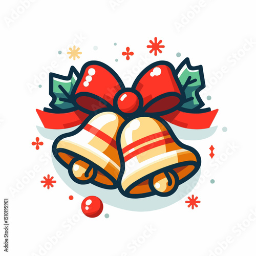 Two gold Christmas bells with red stripes, a red bow, and holly leaves. Useful for holiday blogs, Christmas themes, or festive decorations.