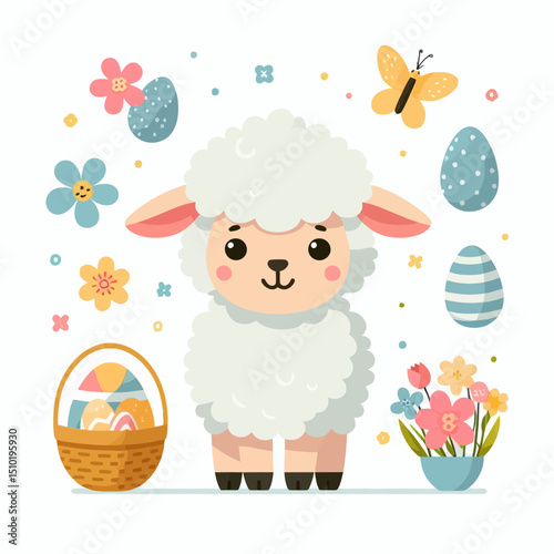 cute cartoon lamb stands surrounded by festive Easter eggs, spring flowers, a butterfly, and a basket. Ideal for websites/blogs about Easter, spring, children's themes, farm animals, or holiday 