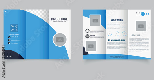 Professional trifold brochure template with blue wave design and transparent image placeholders, perfect for corporate branding, business promotion, and marketing presentations.