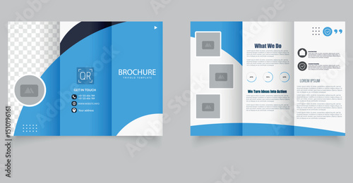 Professional trifold brochure template with blue wave design and transparent image placeholders, perfect for corporate branding, business promotion, and marketing presentations.