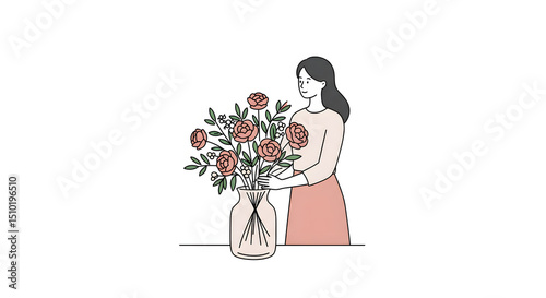 Minimalist Illustration of Woman Holding Vase of Flowers in Soft Colors