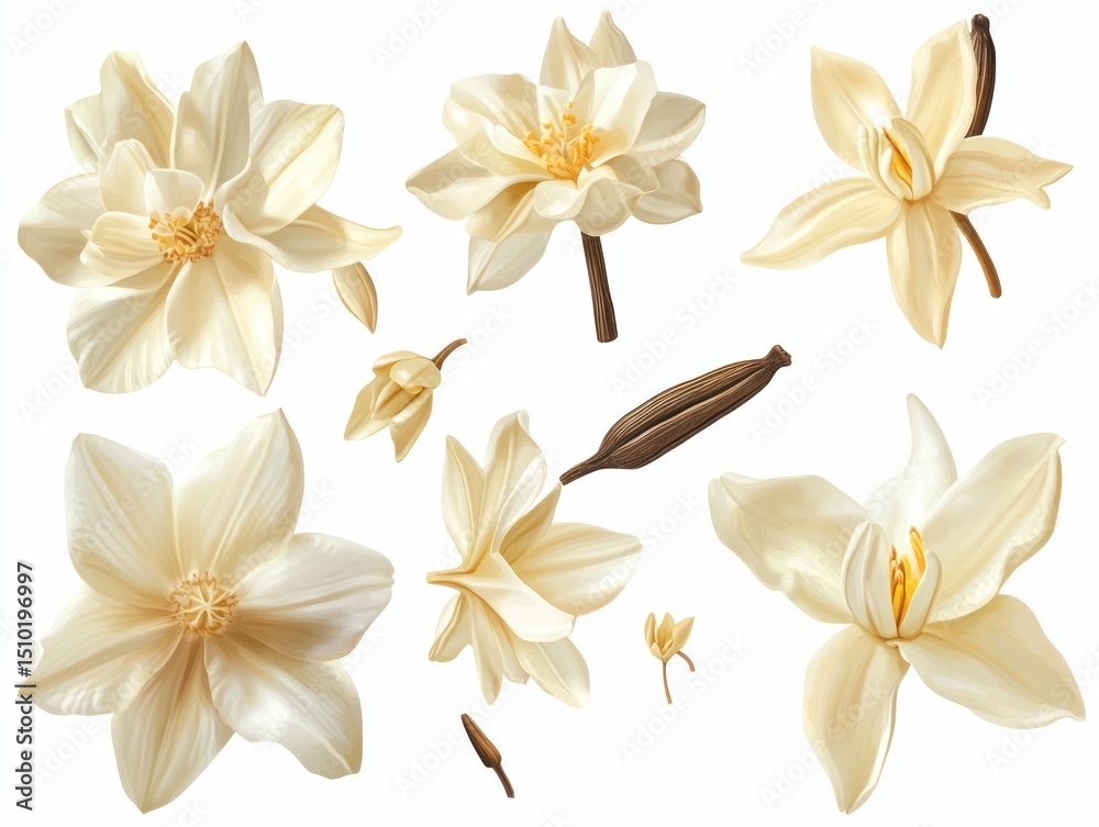 Obraz premium Elegant cream-colored flowers and pods, detailed illustration