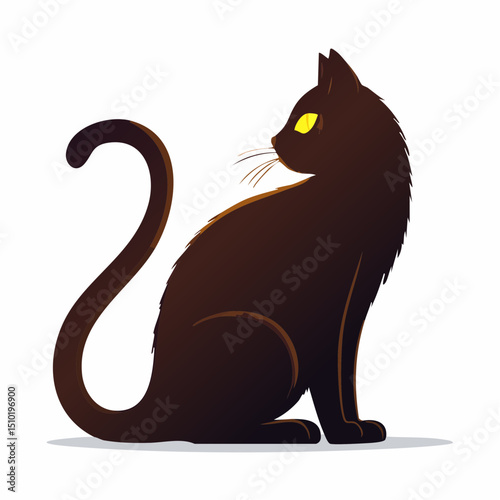Black Cat Silhouette: A stylized silhouette of a black cat, sitting gracefully with bright yellow eyes, against a white background.