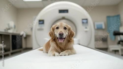 Golden retriever awaits medical scan in clinical setting for veterinary care