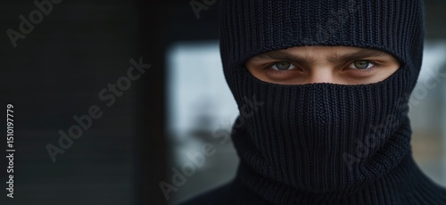 Wallpaper Mural Mysterious man in black ski mask with intense gaze and dark background Torontodigital.ca