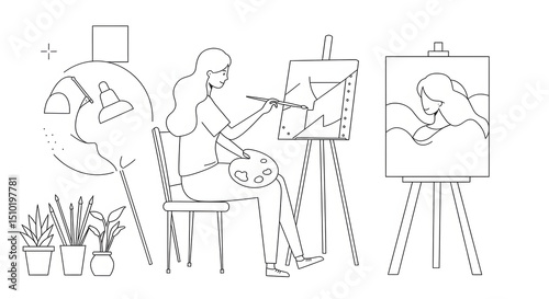 Female Artist Painting Abstract Artwork in Studio with Plants and Easel