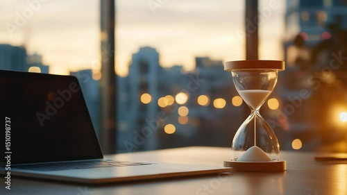 Hourglass and laptop against cityscape at sunset time management and productivity