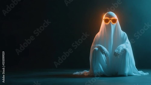 Person under white sheet with neon glasses in dark setting costume concept