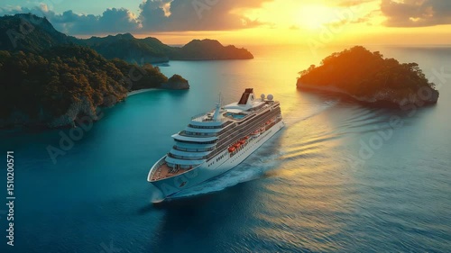 A luxury cruise ship sails past a tropical island in the blue ocean