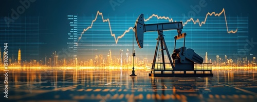 Wallpaper Mural Oil pump jack silhouette against financial data and city skyline at night Torontodigital.ca
