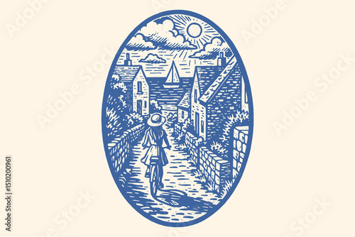 Woman on bicycle in seaside village engraving vector illustration