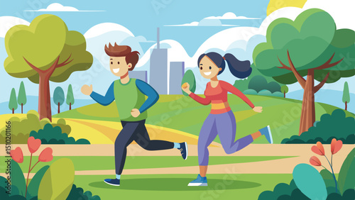 Cartoon Illustration of Man and Woman Jogging in City Park on Sunny Day