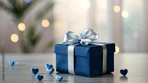 Wrapped gift with silver ribbon and blue hearts for celebration and special occasions