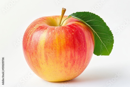 Single red and yellow apple with leaf.