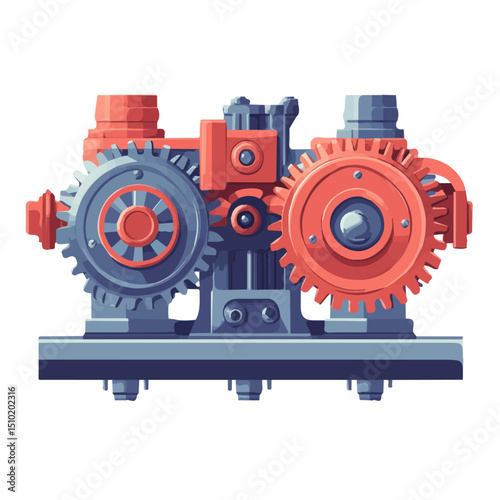 2D flat vector illustration of Mechanical Gear System, isolated on a white background.