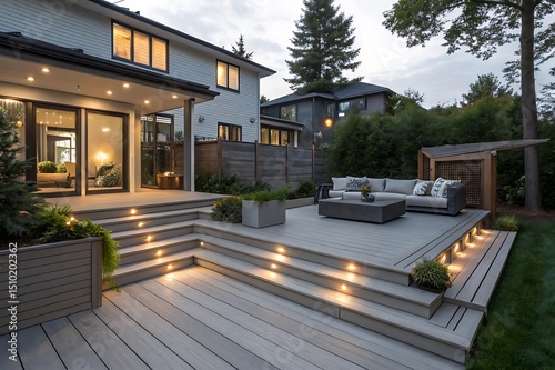 Modern composite deck with ash grey surface, stylish lighting, outdoor sofa, and garden plants. Ideal exterior for home, patio, landscaping, or residential architecture at dusk.