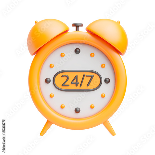 24 hour 7 days service 3d icon. Yellow vector alarm clock with 24, 7 caption on dial face. Concept of all-day 24 hour customer service. Realistic support service symbol isolated on white background