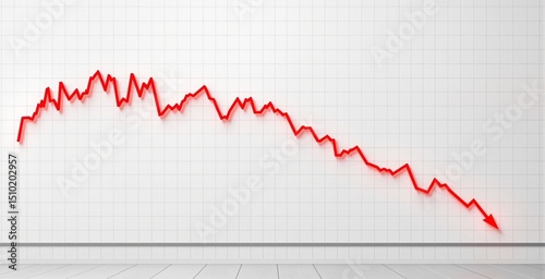 Red declining graph line on white grid wall background, minimalistic style, symbolizing financial loss, crisis or business failure concept. Ai generative photo
