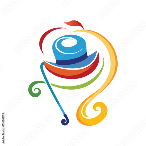 Colorful vector illustration of a top hat cane and swirls representing a creative performance