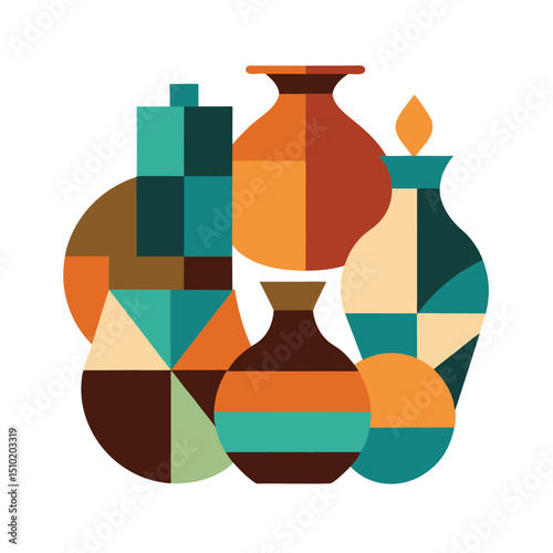 Geometric illustration featuring a collection of stylized colorful pottery vases against white background