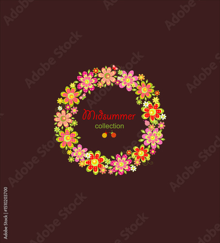 Night before Ivan Kupala. Flowers door decorative wreath collection with paper cutting polka dot daisies. Slavic midsummer holiday background. Part 3