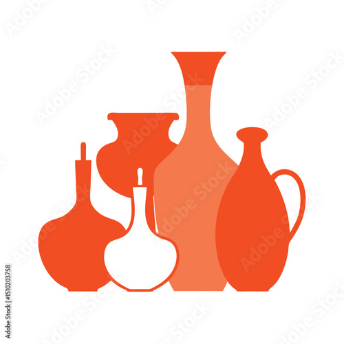 Stylized orange and white decorative ceramic vases grouped elegantly on white background