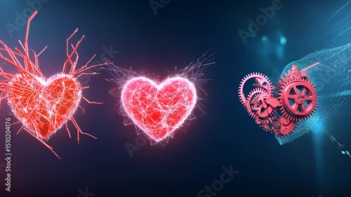 Three heart symbols with veins energy and gears on a dark background