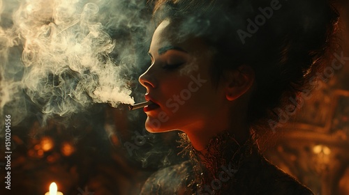 Mysterious Woman with Smoke and Elegance in a Dimly Lit Artistic Setting