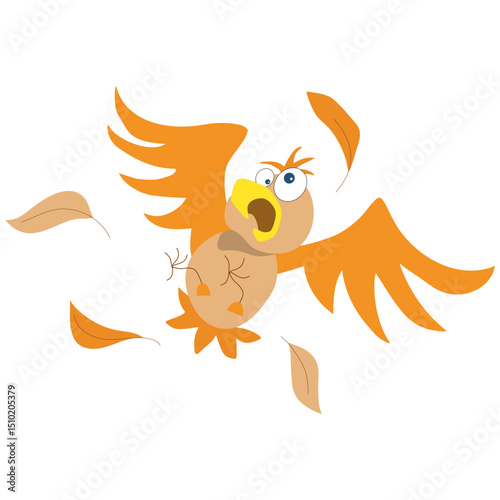 Funny orange bird in the air with shocked expression, big crazy eyes, open mouth and lost wings around. Cartoon vector illustration on white background.
