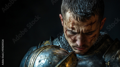 Medieval knight with a bloodied face and helmet removed stands with head bowed — a post-battle scene full of exhaustion, pain, and honor