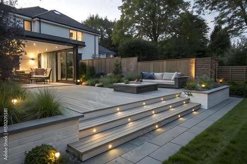 Modern composite deck with ash grey surface, stylish lighting, outdoor sofa, and garden plants. Ideal exterior for home, patio, landscaping, or residential architecture at dusk.