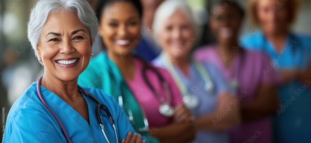 Fototapeta premium Diverse group of healthcare professionals smiling confidently in medical uniforms