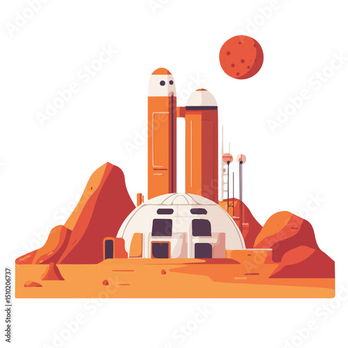 Mars Colony vector 2D flat illustration, isolated on a white background.