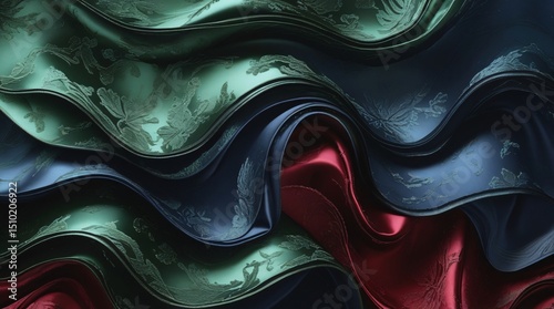 Abstract draped fabric in deep green blue and red hues