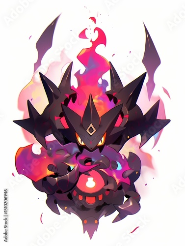 Menacing black creature with sharp teeth, glowing yellow eyes, fiery tail, exuding power and mystery.