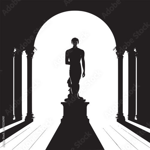 A statue stands in a corridor with columns and an arched doorway behind it