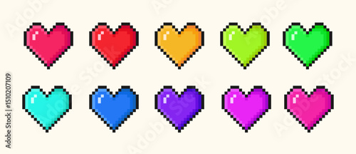 Set of colorful pixel heart icons set in 8-bit retro style for games or romantic designs. Vector illustration