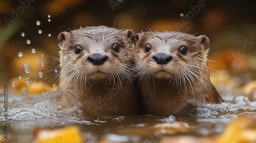 Two otters hold paws in water, sharing a gentle moment in golden autumn light.