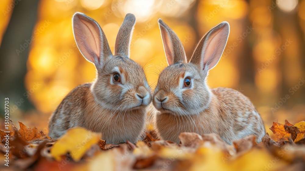 Fototapeta premium Two adorable rabbits gently touching noses among spring flowers at golden sunset.