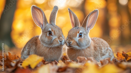 Two adorable rabbits gently touching noses among spring flowers at golden sunset.
