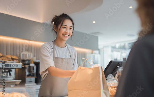 Baristas focused on preparing coffee orders behind the counter in a modern café, creating beverages in a fast-paced and professional environment.