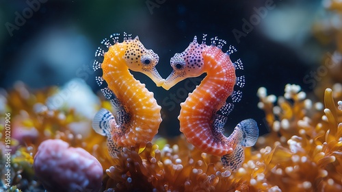 Colorful seahorses kissing underwater, forming heart shape with tails, vibrant and detailed.