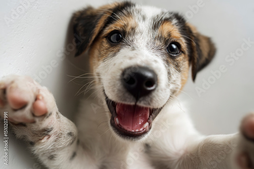 Primer plano de perro sonriente, expresión feliz y juguetona.