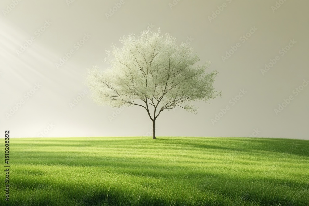 Obraz premium Serene Springtime Landscape Solitary Blooming Tree in Misty Green Field Peaceful Nature