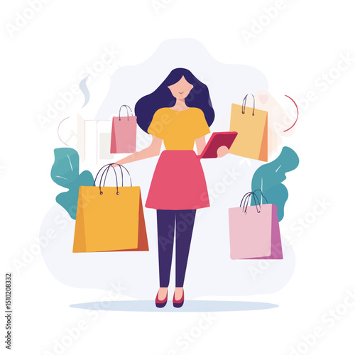 Online Shopping vector 2D flat illustration, isolated on a white background.