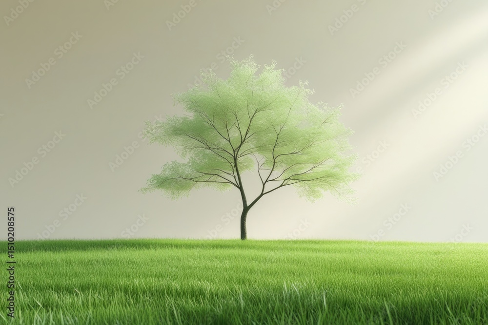 Obraz premium Single Tree in Green Field Peaceful Nature Scene