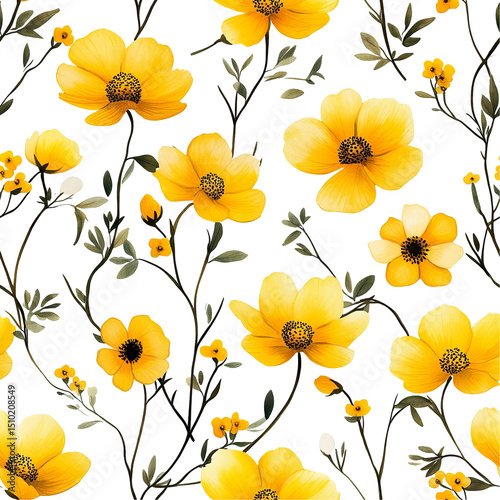 2d illustration of a tileable pattern of buttercups isolated on a white transparent background