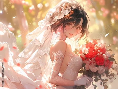 Young woman, wedding dress, holding bouquet, red roses, illustration